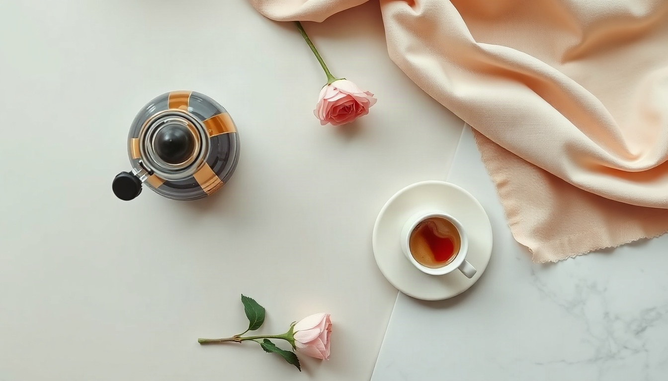 홈카페 꾸미기 - overhead view flat lay of home cafe decorating essentials, glass coffee jar, dripper, linen napkin and cream ceramic cups on oak shelf