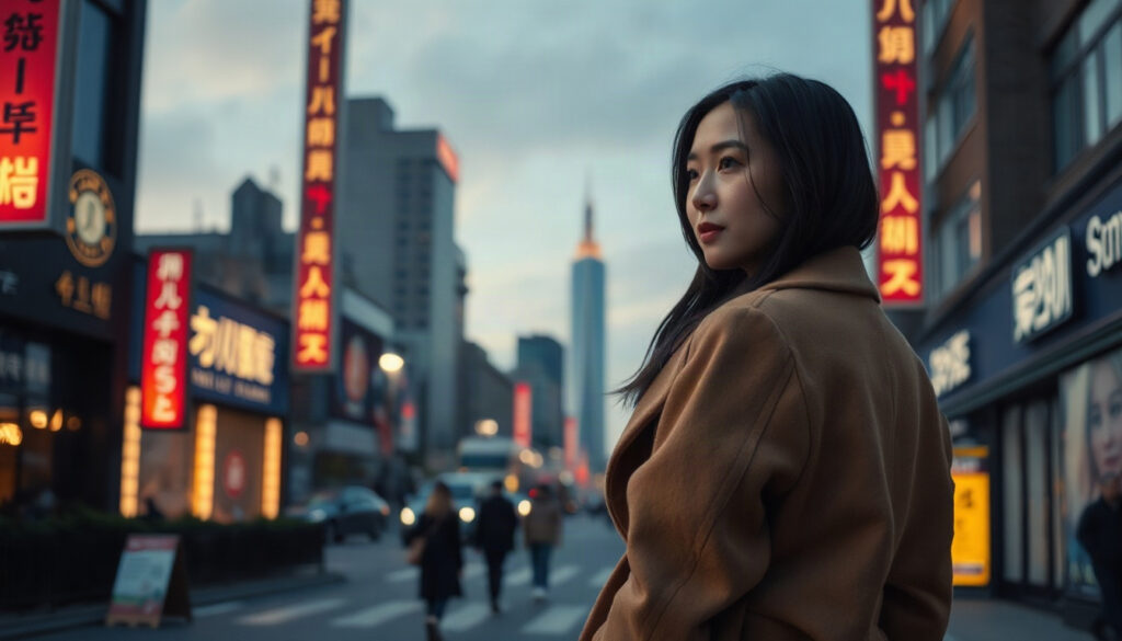 체형별 코디 - Korean woman full body shot with face visible, wearing belted camel wrap coat for body type styling outfit, winter city street