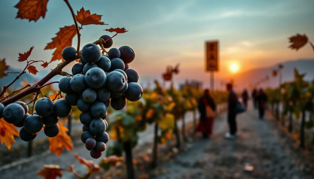 과일향 바람 - fruity autumn breeze in Yeongdong Korea, vineyard with ripe purple grapes and golden hills at sunset, wide landscape view