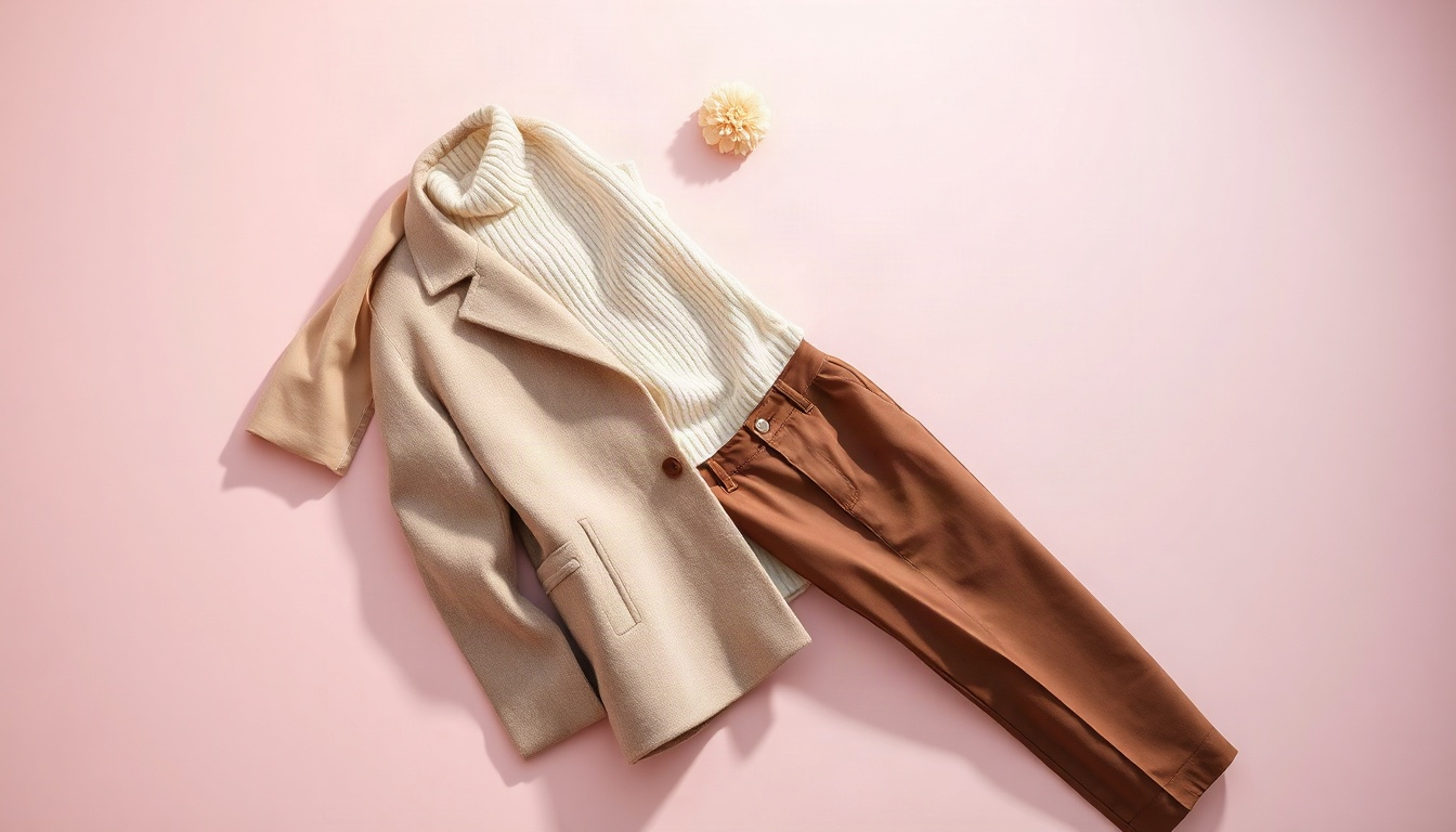 체형별 코디 - flat lay of beige wool coat, cream knit sweater, brown trousers and long scarf, tone on tone body type styling outfit, overhead view