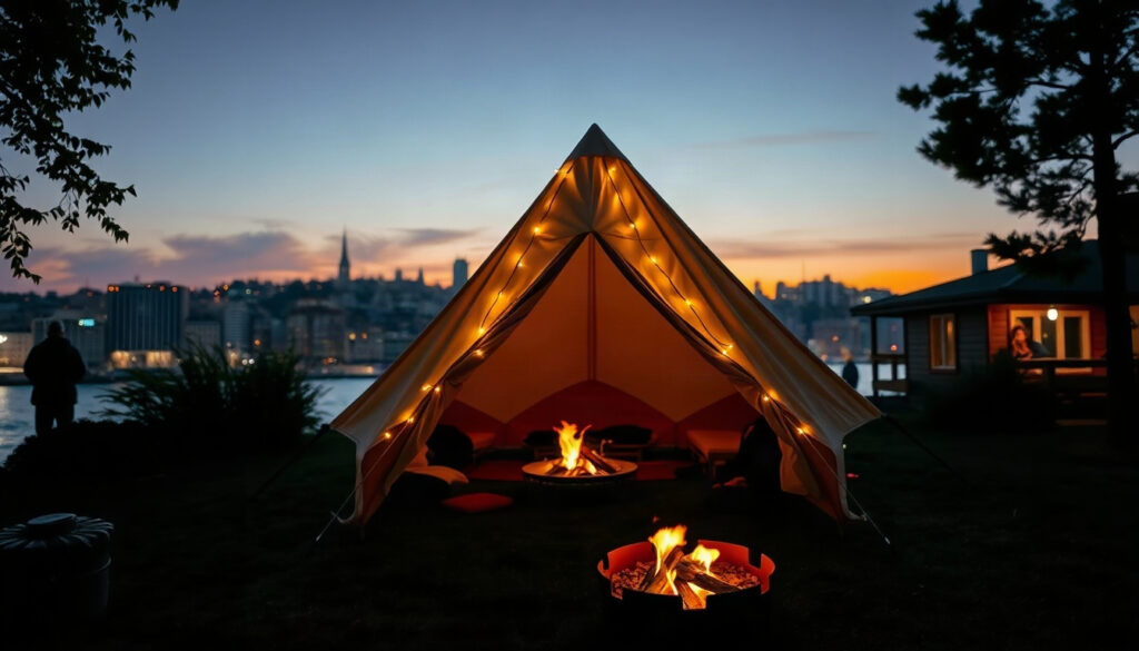 캠핑 추천 - cozy camping recommendation scene, tent with warm string lights and campfire at dusk in late autumn forest, no people