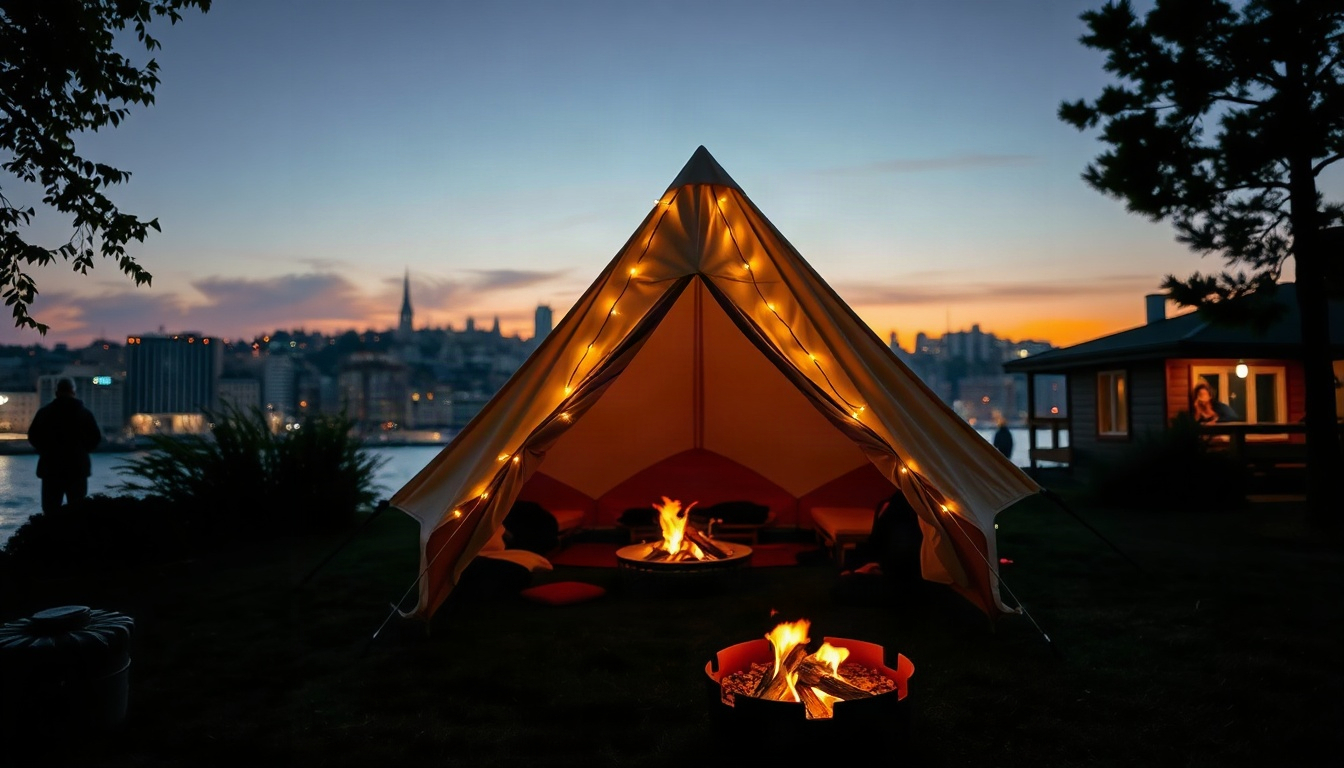 캠핑 추천 - cozy camping recommendation scene, tent with warm string lights and campfire at dusk in late autumn forest, no people
