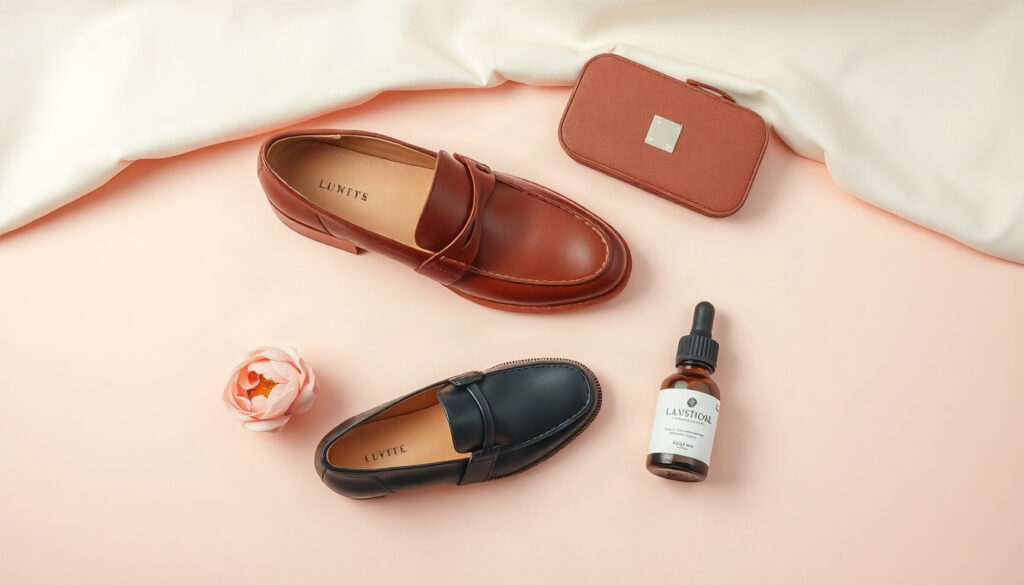 신발 추천 - flat lay of autumn shoes recommendation, brown leather loafers, black chelsea boots and white sneakers on beige knit blanket, overhead view, warm fall mood