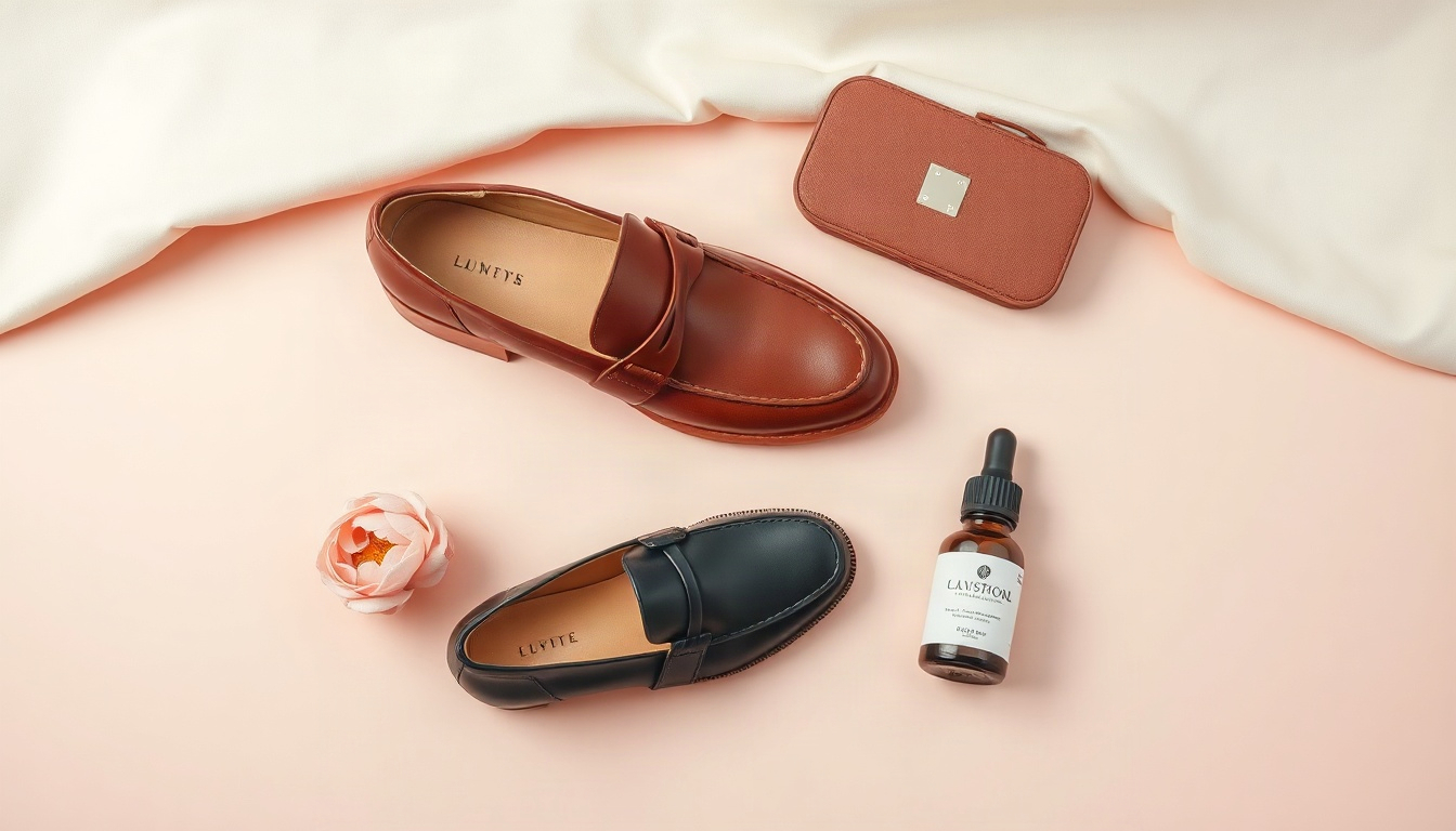 신발 추천 - flat lay of autumn shoes recommendation, brown leather loafers, black chelsea boots and white sneakers on beige knit blanket, overhead view, warm fall mood