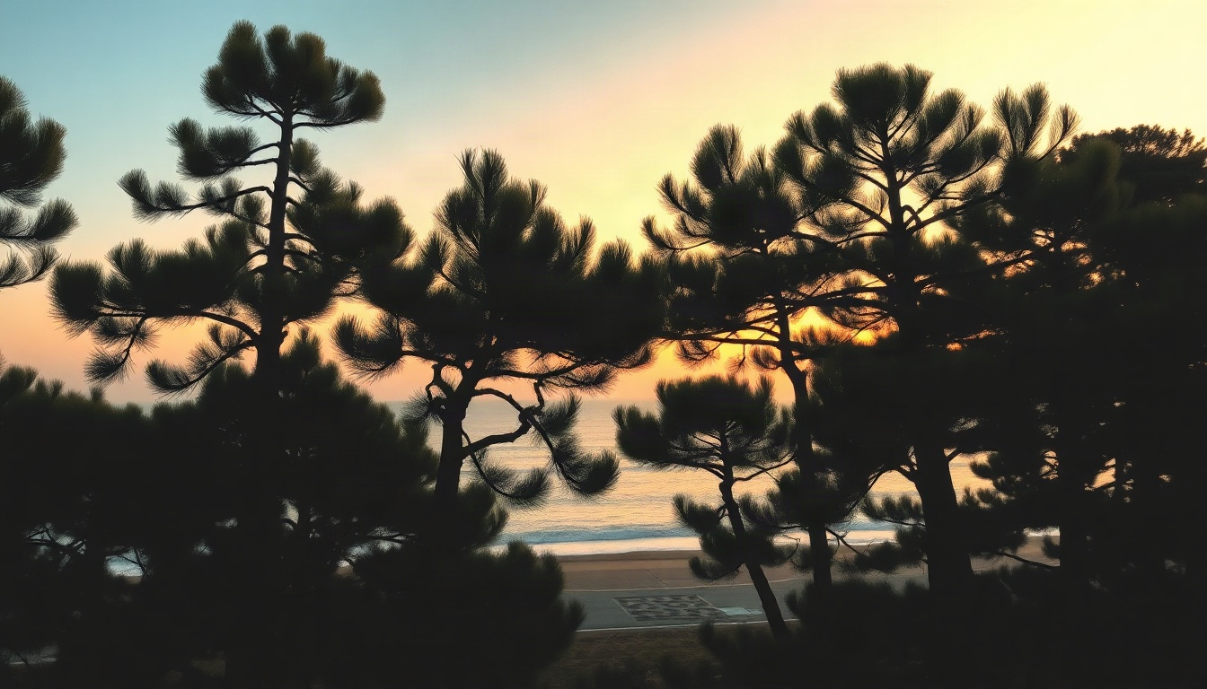 웰니스로 몸푼 - peaceful pine forest by the sea in Gangneung at autumn morning, wellness meditation mats on the ground, Gangneung October festival wellness concept, no people close-up