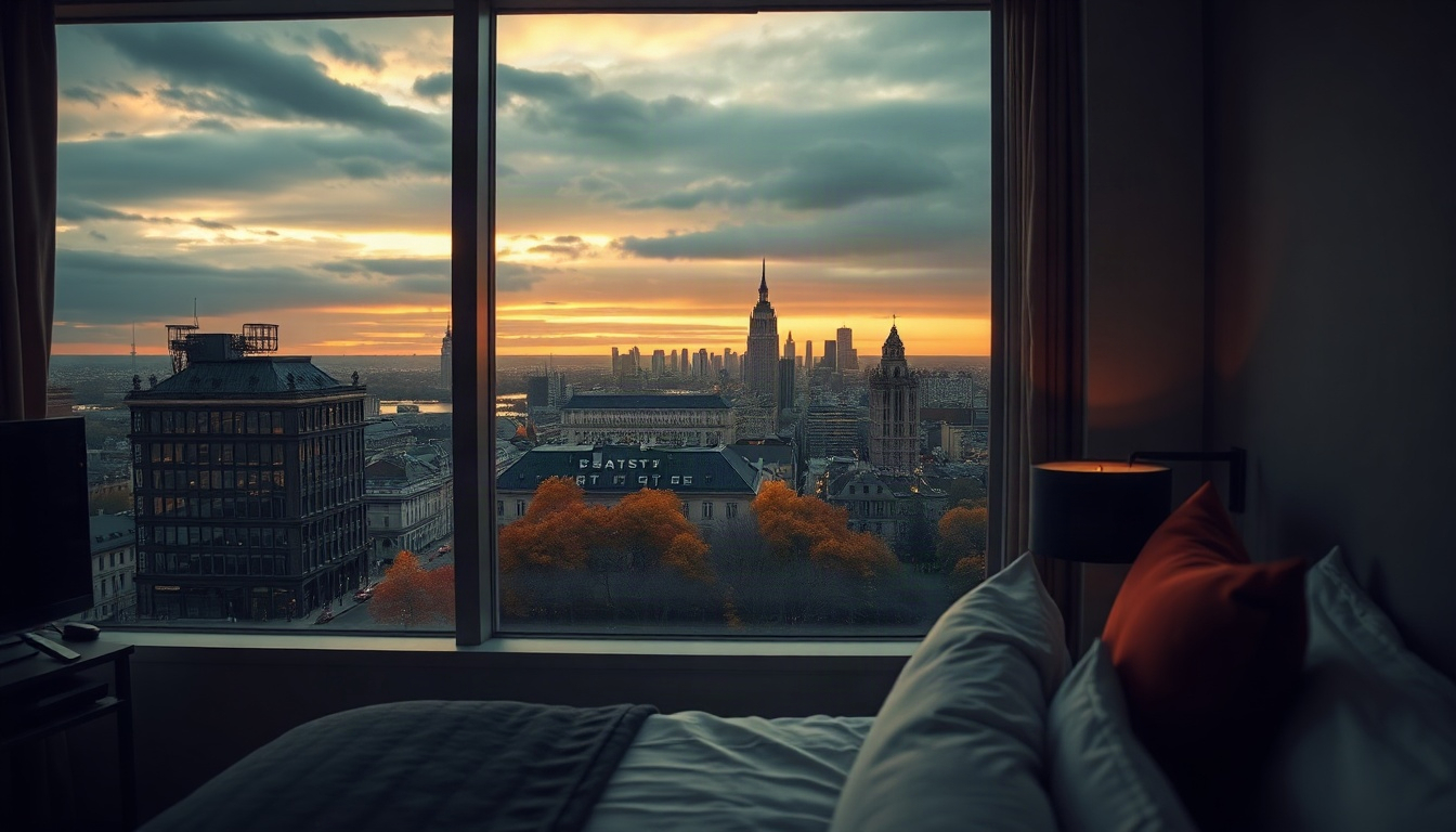 가까운 호텔서 - cozy hotel room near city with autumn view through large window, nearby hotel staycation concept, warm lighting, no people