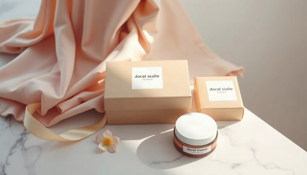 패키지 디자인 - flat lay of minimal kraft paper boxes and pastel packaging design with ribbon and thank you card on beige background, package design concept