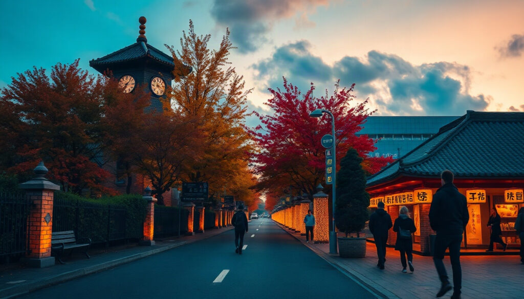 대구 관광 - Daegu tourism late autumn street view with colorful ginkgo trees and old brick buildings, warm sunset light, travel photography