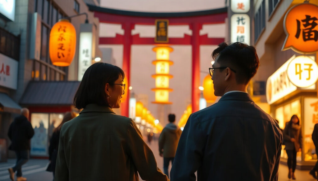 한일 커플 - Korea Japan couple upper body shot with face visible, smiling and walking together in hanok alley with autumn ginkgo leaves, Korean Japanese couple travel