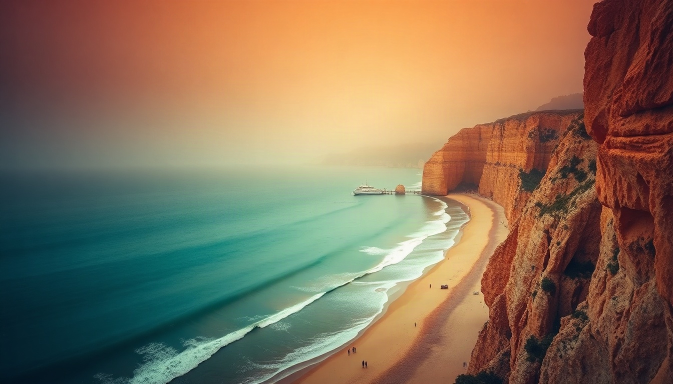 인터뷰 풍경도 - Algarve golden cliffs and turquoise ocean beach from above, Portugal interview landscape scenic coast, no people