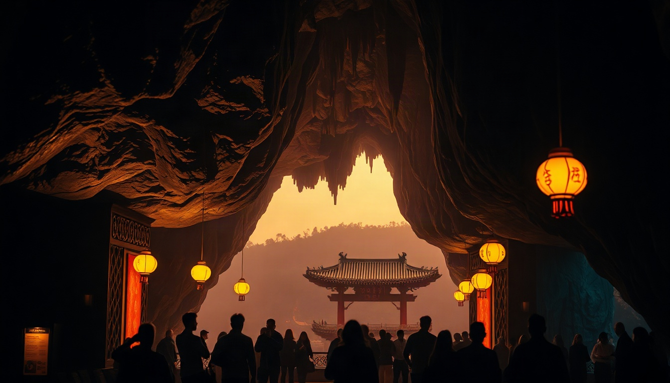 한여름에도 시원한 - cool summer travel destination in Korea, illuminated limestone cave interior with stalactites and soft blue lighting, no people, wide angle view