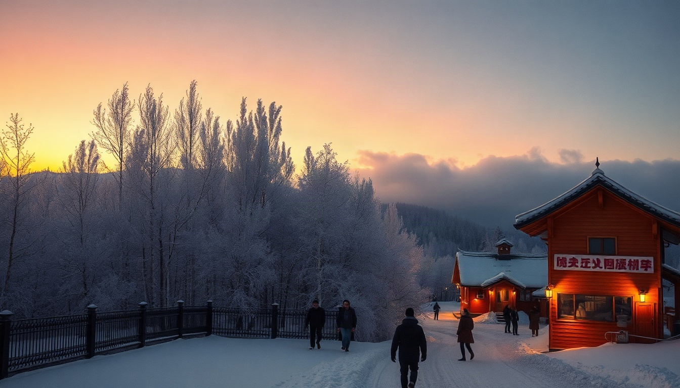 모두투어 번째 - snowy birch forest and wooden village under starry night sky in northern China Mohe, winter travel concept for Modetour N-th city trip, no people
