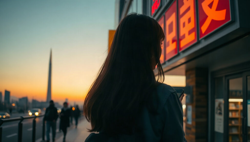 농협은행 매일 - Korean woman upper body shot with face visible, smiling while checking NongHyup Bank daily travel app on smartphone at airport lounge, natural hands, autumn travel mood