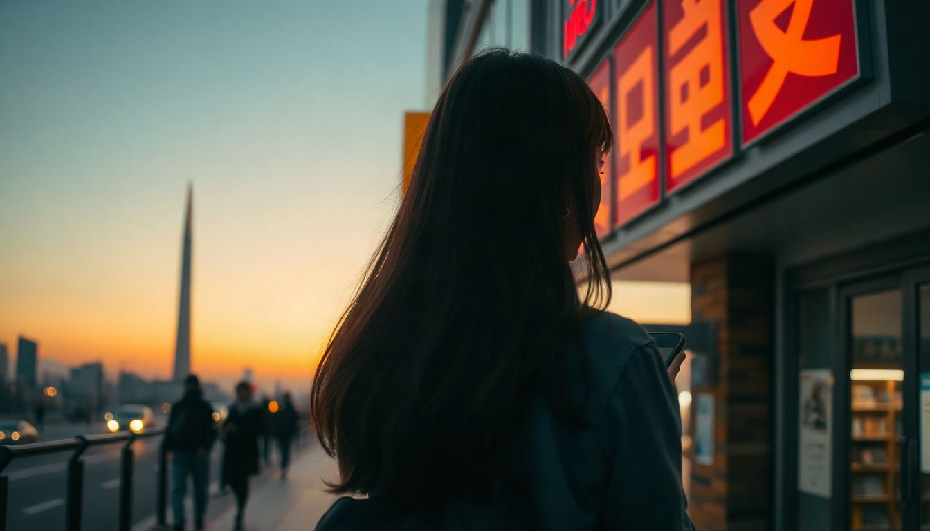 농협은행 매일 - Korean woman upper body shot with face visible, smiling while checking NongHyup Bank daily travel app on smartphone at airport lounge, natural hands, autumn travel mood