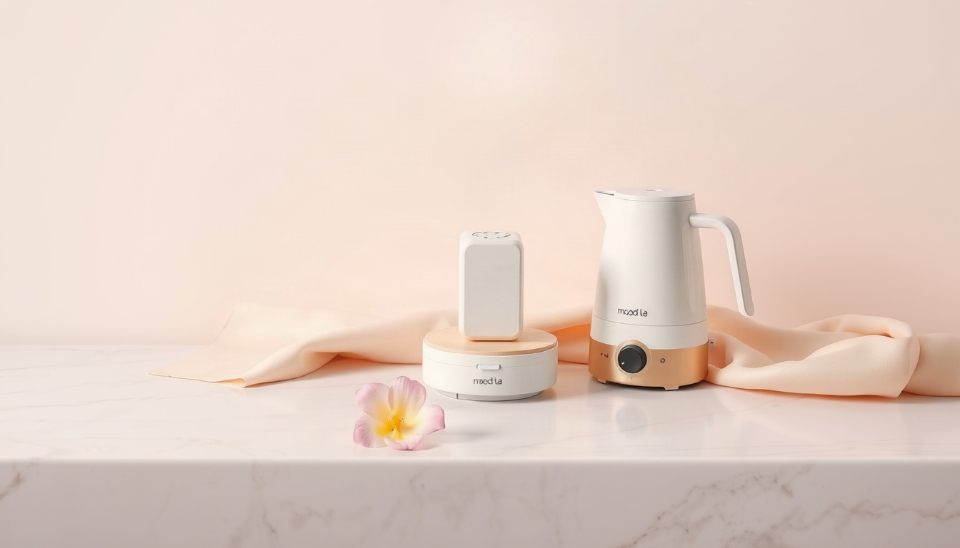 가전 추천 - flat lay of compact white home appliances humidifier electric kettle and mood lamp on beige background, home appliance recommendation for winter, overhead view