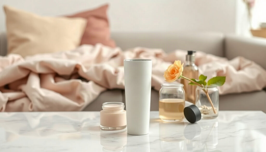 친환경 생활 - cozy eco friendly living room flat lay with reusable tumbler, glass jars, linen bag and green plants on wooden table, warm winter lighting