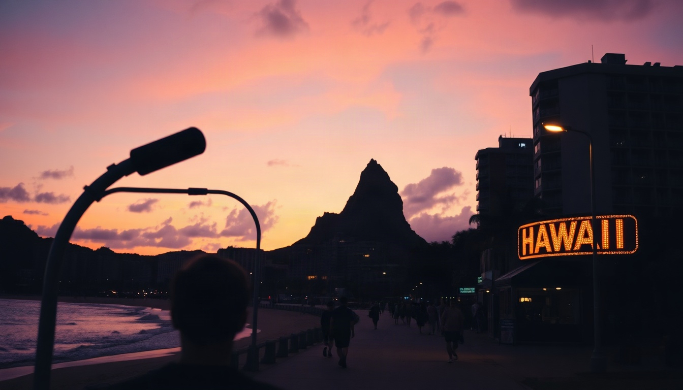 하와이 여행 - Hawaii travel scenery of Waikiki beach at golden hour with Diamond Head in background, palm trees and calm turquoise ocean