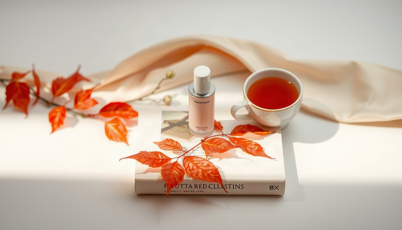 독서 추천 - flat lay of book recommendation stack with autumn leaves, warm tea cup and reading journal on cozy knit blanket, overhead view