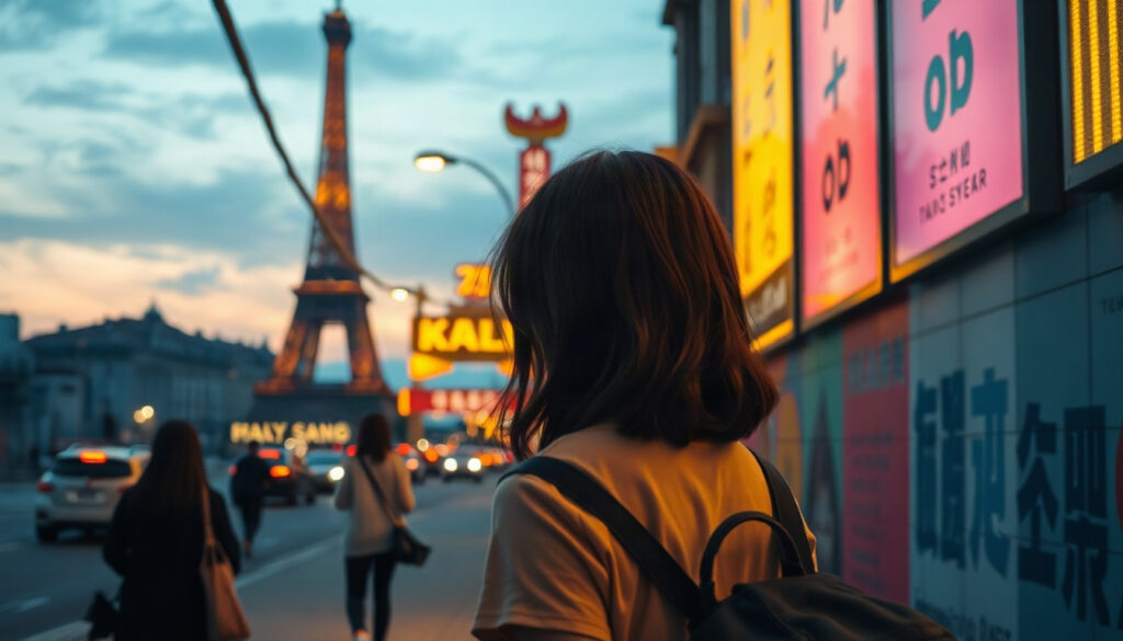 추진 속도 - Korean woman upper body shot with face visible, walking along a colorful mural alley in Daegu in autumn, warm golden light, city momentum and travel speed concept