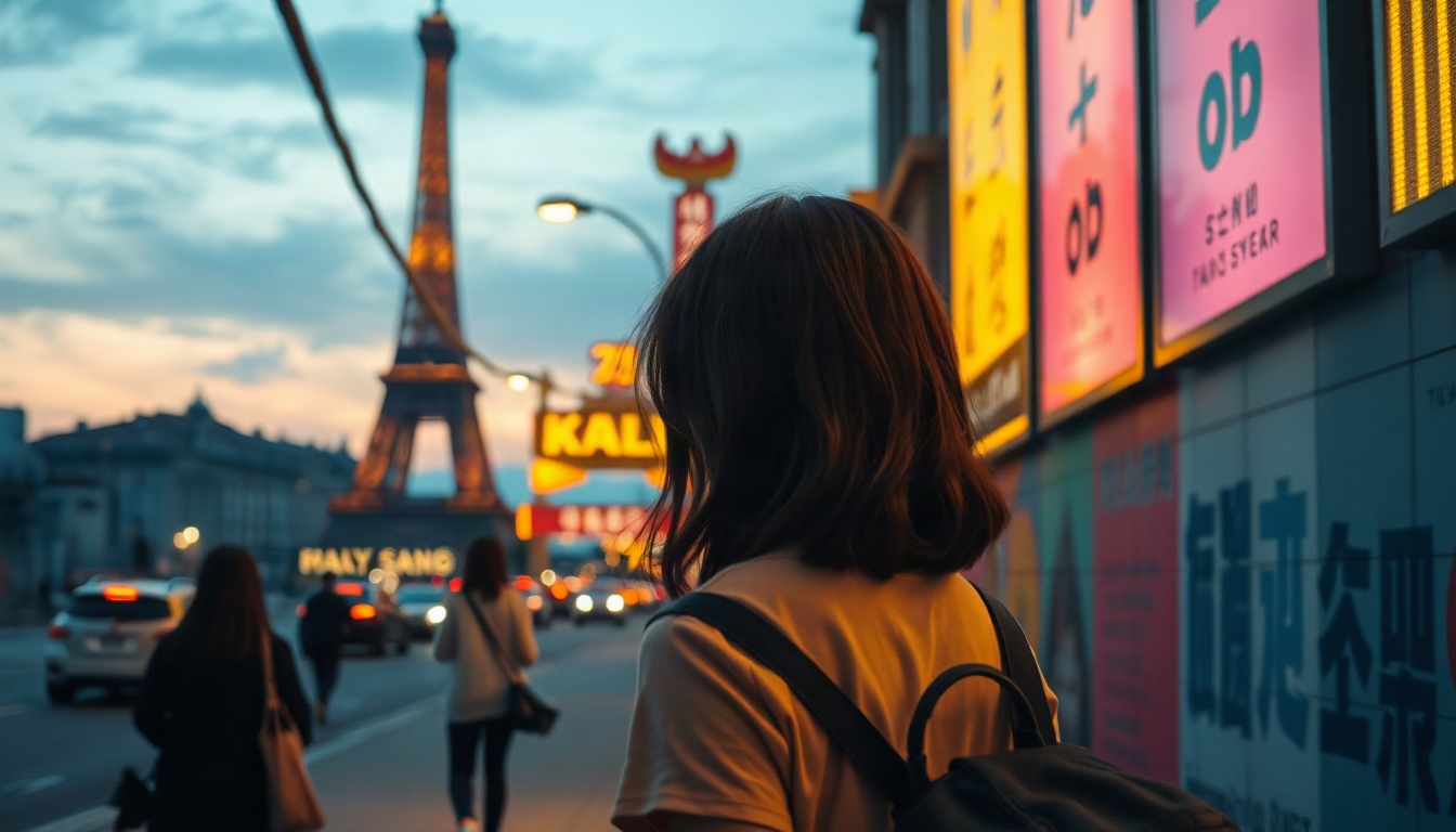 추진 속도 - Korean woman upper body shot with face visible, walking along a colorful mural alley in Daegu in autumn, warm golden light, city momentum and travel speed concept