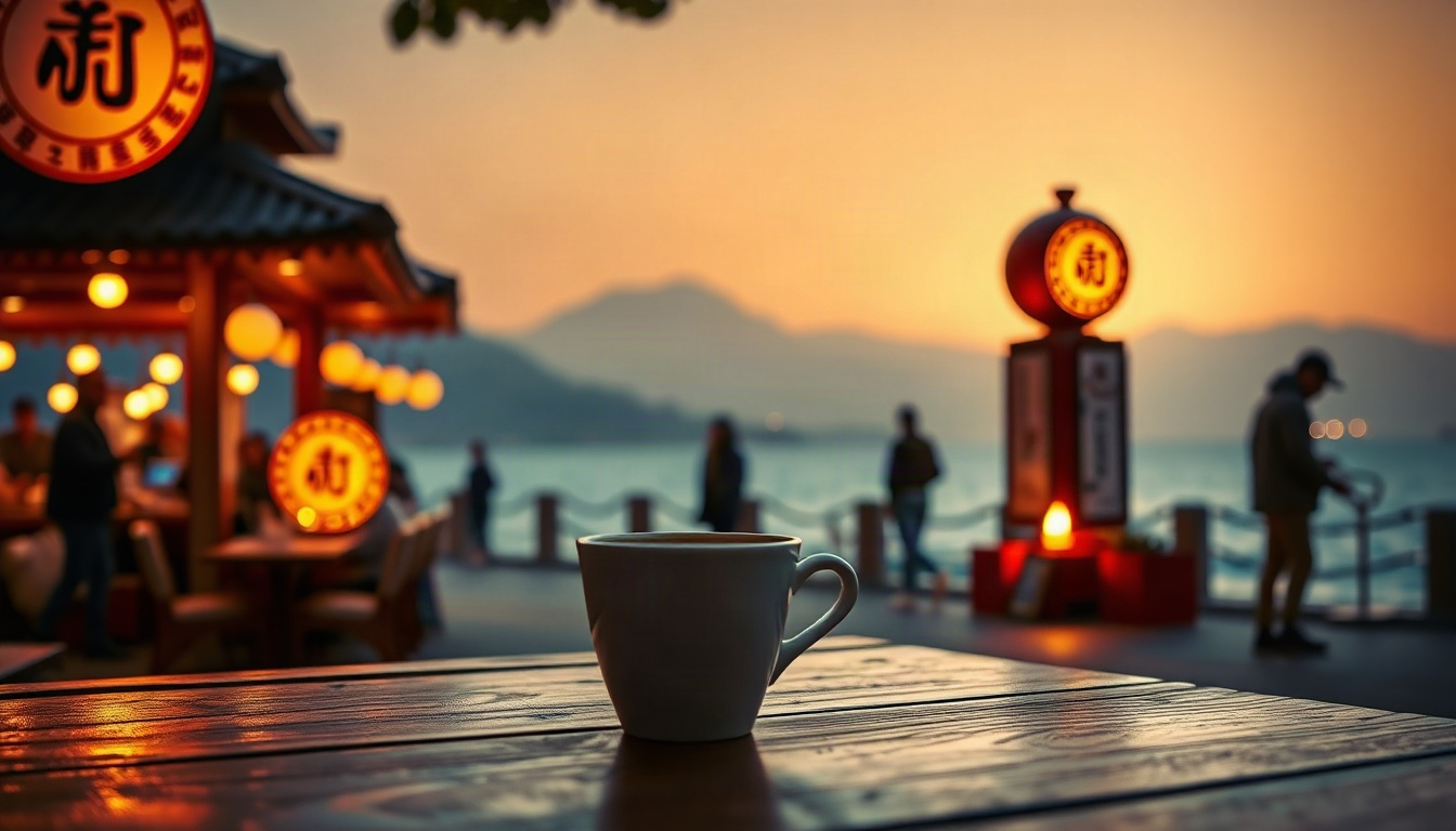 웰니스로 몸푼 - cup of hand drip coffee on wooden table facing the ocean at Anmok beach, Gangneung October festival coffee, product shot, autumn light