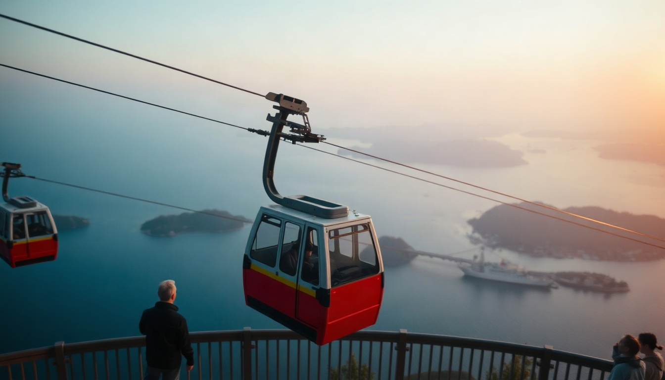 가을 품은 - colorful cable car gliding over blue sea with islands below in autumn, Sacheon Korea travel, wide landscape view