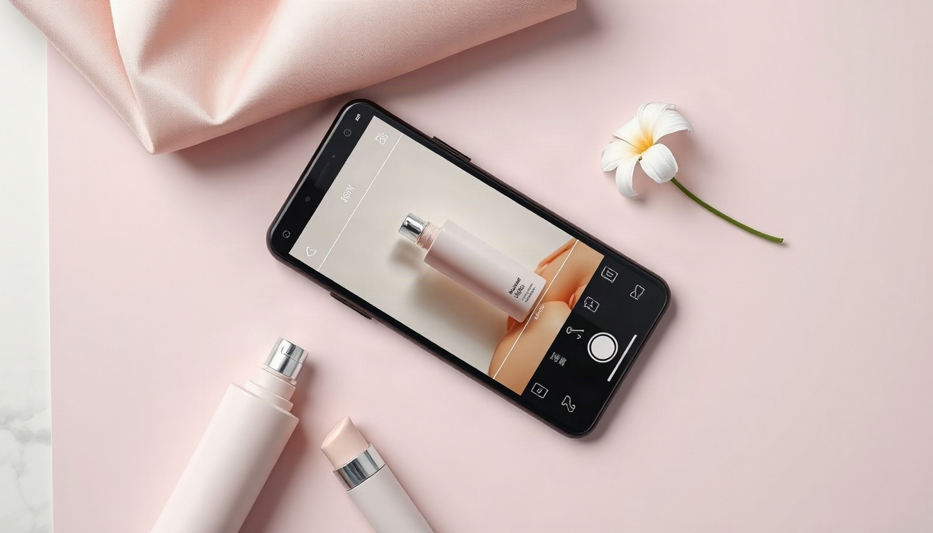 라이트룸 보정 - Lightroom photo editing concept, overhead view of smartphone showing photo editing sliders next to coffee cup and film camera on linen table, flat lay