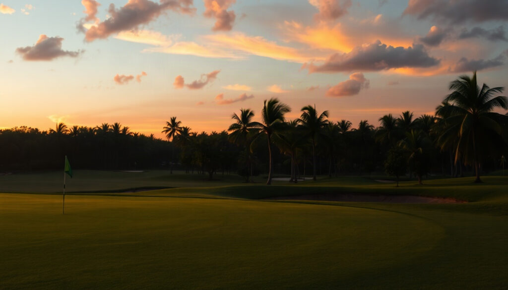 인도네시아 찌까랑 - lush green golf course fairway in Cikarang Indonesia under bright tropical sky, Indonesia Cikarang golf tour landscape, wide angle view