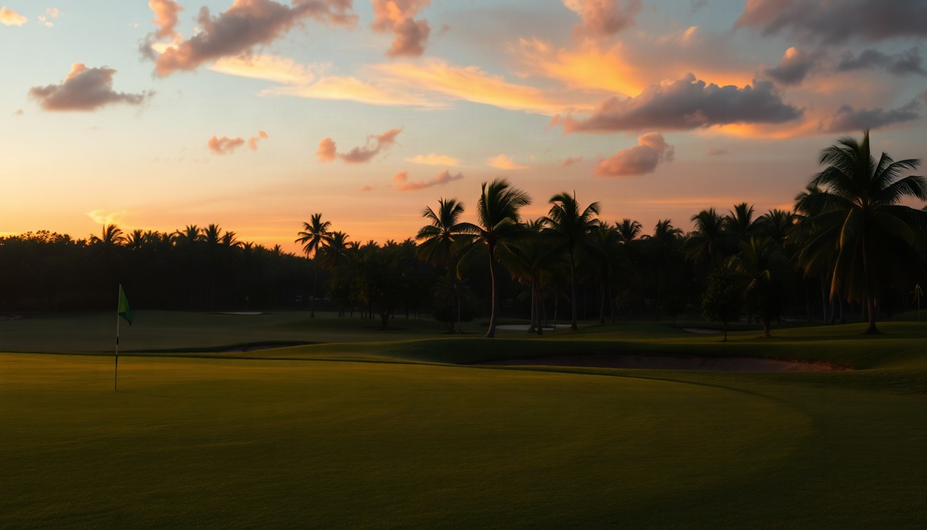 인도네시아 찌까랑 - lush green golf course fairway in Cikarang Indonesia under bright tropical sky, Indonesia Cikarang golf tour landscape, wide angle view