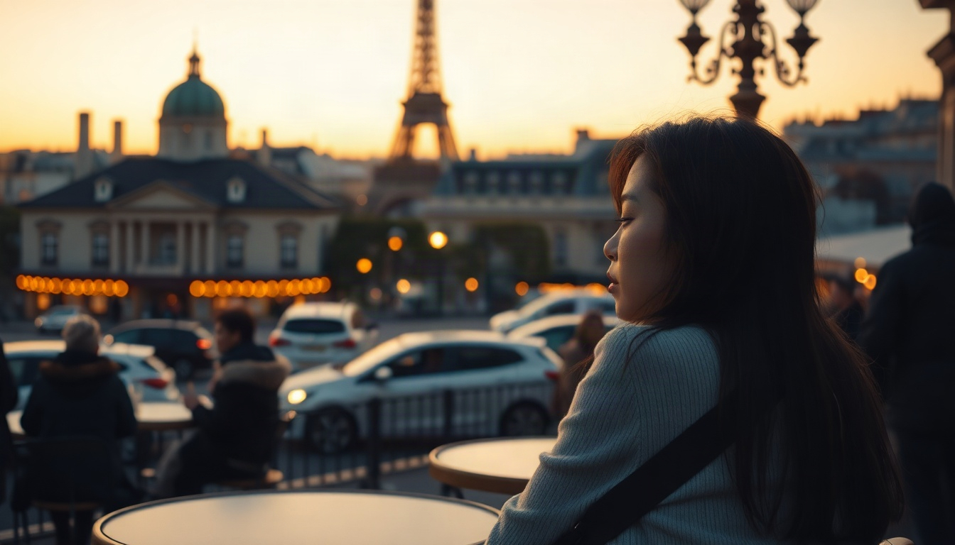 파리 여행 - Korean woman upper body shot with face visible, sitting at Parisian cafe terrace in autumn, holding coffee cup with natural hands, Paris travel mood