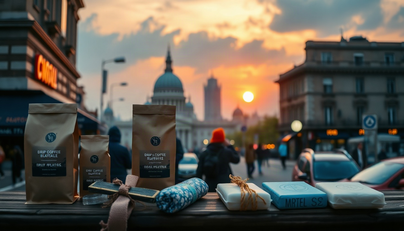 라이프 트렌드 - flat lay of local travel souvenirs including drip coffee bags, handmade soap, pebble keychain and knit blanket on wooden table, life trend travel concept