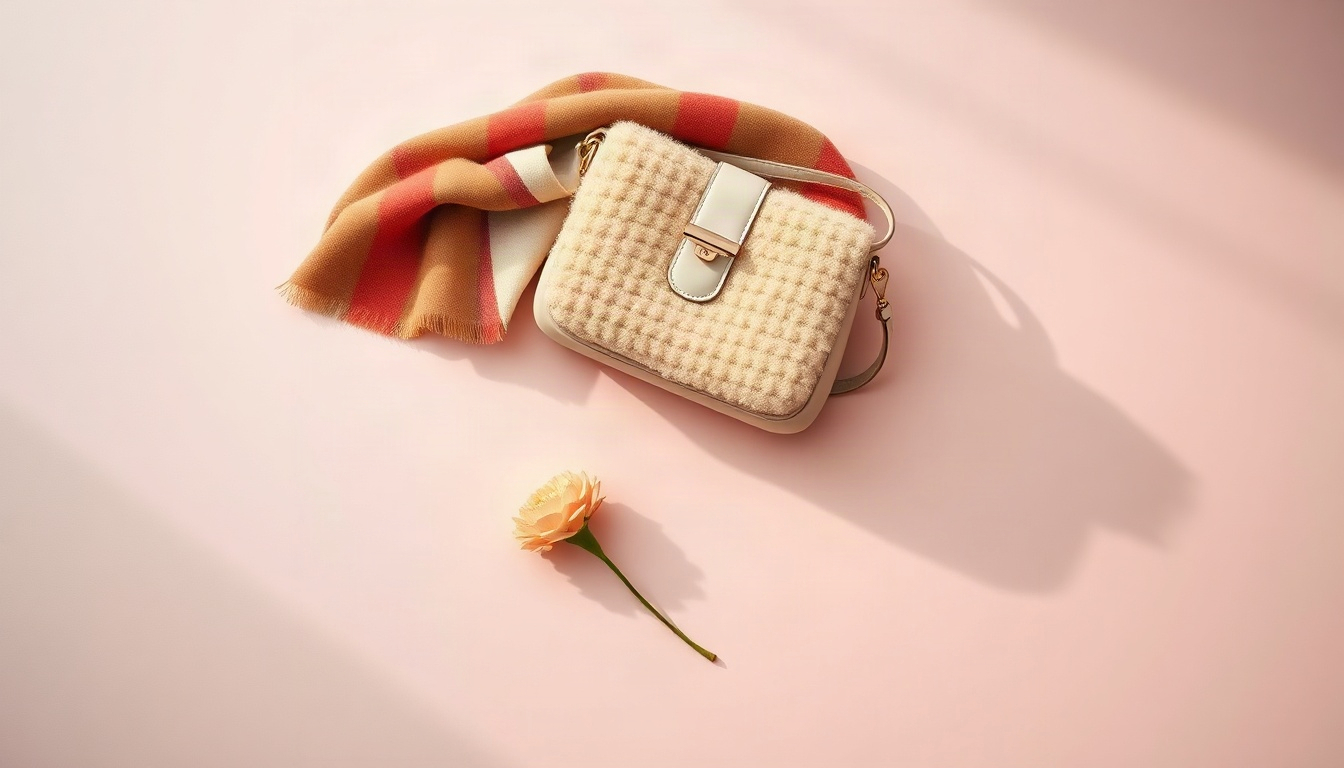 패션 트렌드 - flat lay of fall winter 2026 fashion trend items, tartan scarf, shearling bag, floral brooch and knit sweater on cream background, overhead view