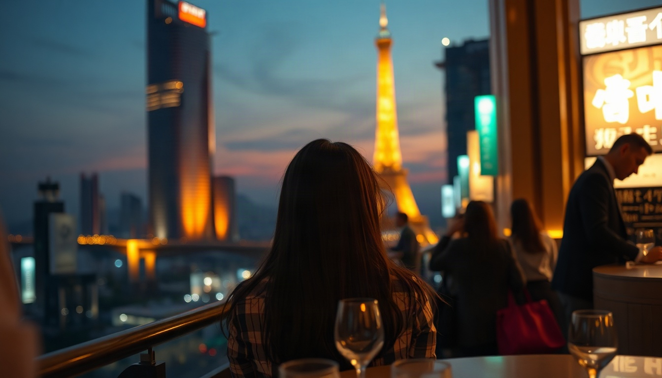 가까운 호텔서 - Korean woman upper body shot with face visible, enjoying hotel buffet dinner by window with night city view, nearby hotel staycation, natural hands