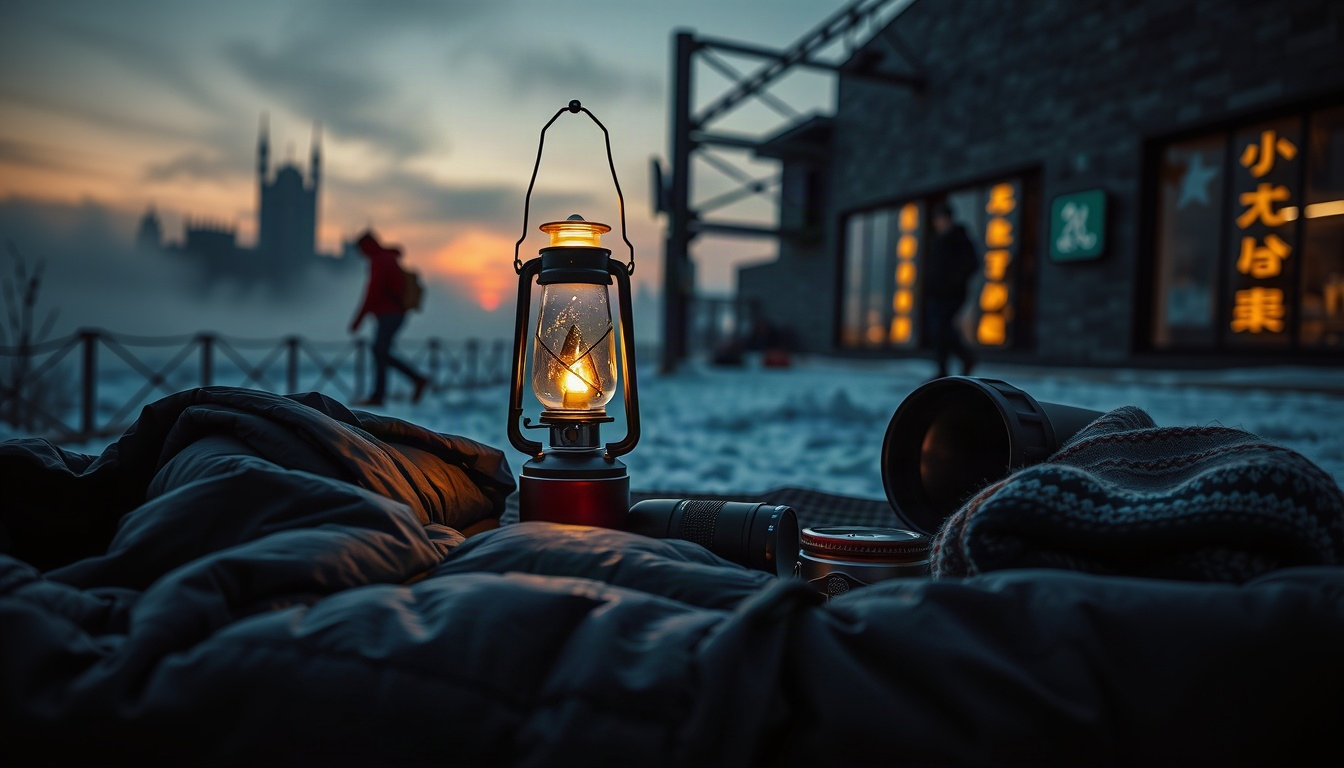 캠핑 추천 - flat lay of winter camping gear, sleeping bag, lantern, thermos and wool blanket on wooden table, camping recommendation essentials, overhead view