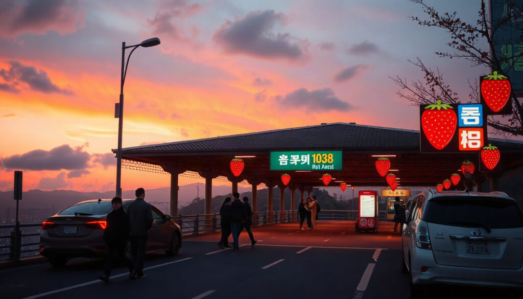 하루 만대 - cozy Korean highway rest area in autumn with strawberry themed decorations, warm sunset light, busy road with ten thousand cars a day concept, no people