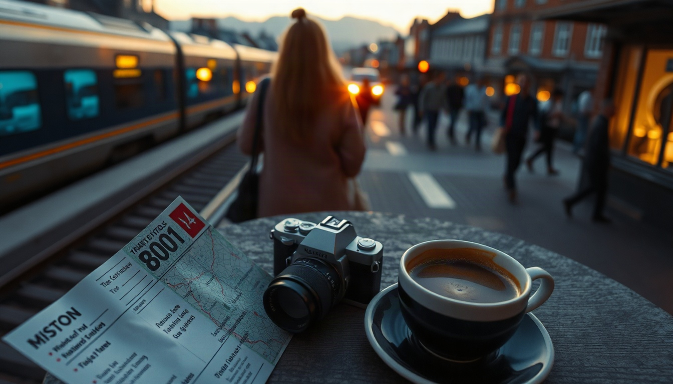 지역사랑 철도여행 - overhead view flat lay of train ticket, travel map, film camera and warm coffee on wooden table, regional rail travel planning concept