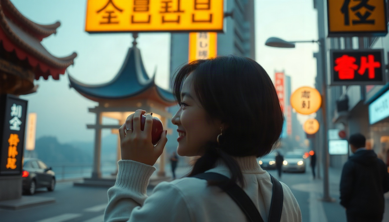 축제를 눈에 - Korean woman upper body shot with face visible, smiling and holding red apple at autumn apple festival orchard, festival to see with your eyes, natural hands