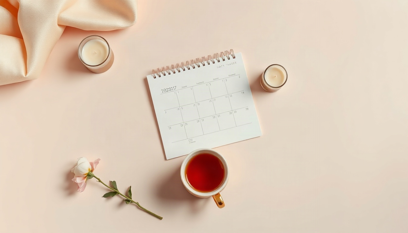 습관 만들기 - flat lay overhead view of habit tracker calendar, warm tea cup, small candle and autumn leaves on beige linen, habit building routine concept