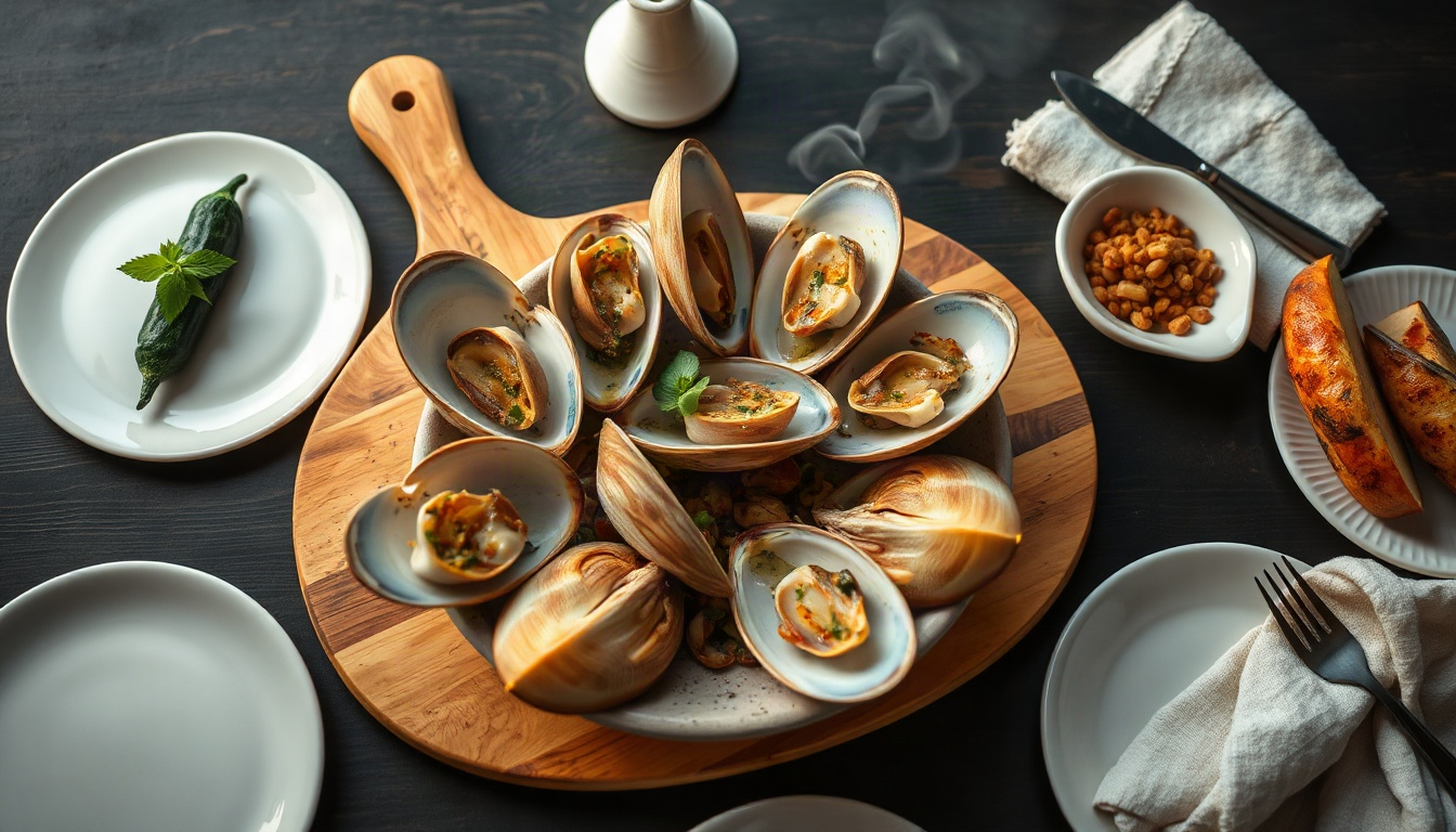 장영란 장예원 - overhead view of grilled clams and seafood platter on table with ocean view window, Busan Cheongsapo local food, Jang Young-ran Jang Ye-won travel inspiration