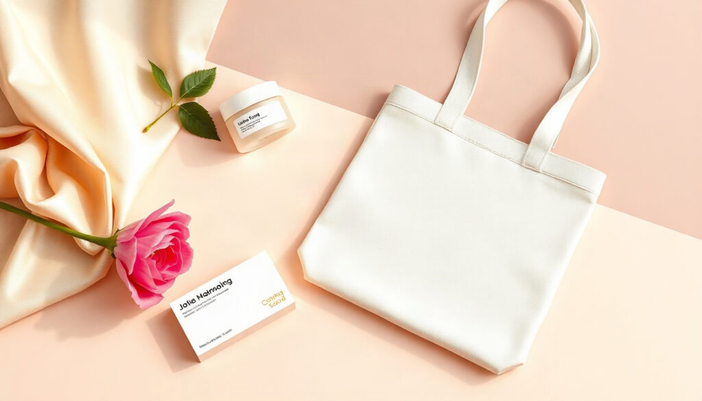 목업 디자인 - flat lay of business card and tote bag mockup design with minimal logo on beige linen, soft winter sunlight, mockup design concept