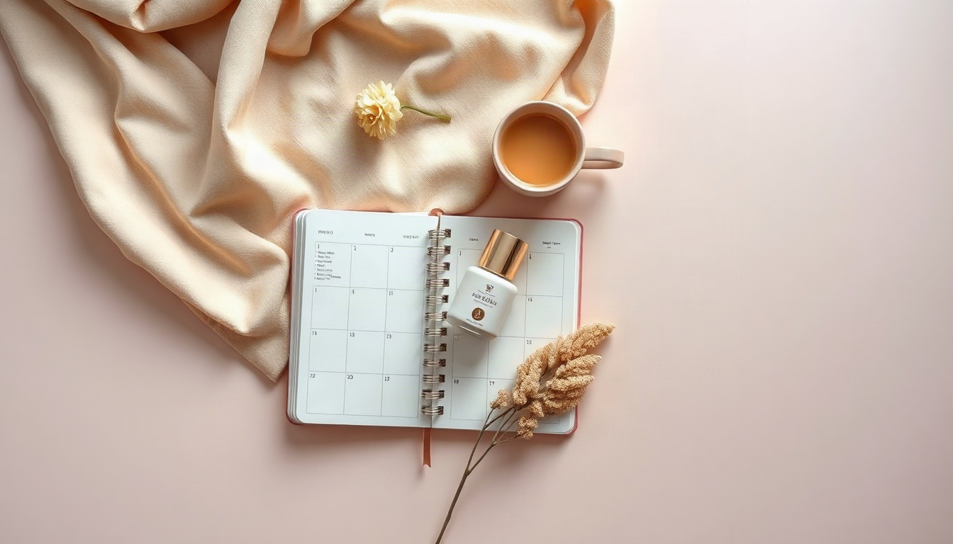 자기계발 방법 - flat lay of planner, coffee cup, open book and dried flowers on beige blanket, self development routine concept, overhead view