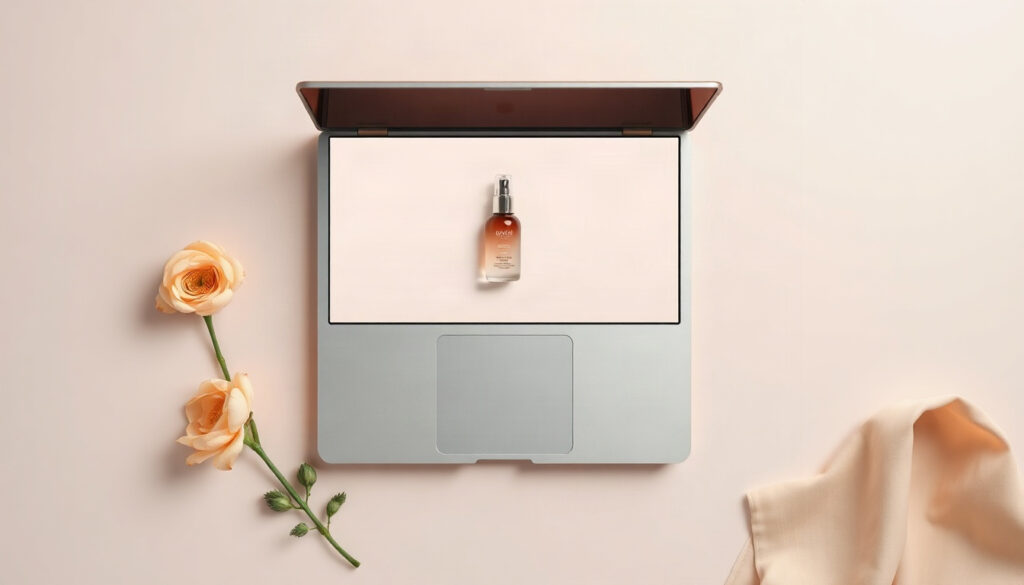 카드뉴스 만들기 - overhead view of laptop screen showing pastel Instagram card news design slides on a cozy wooden desk with coffee cup, card news making concept