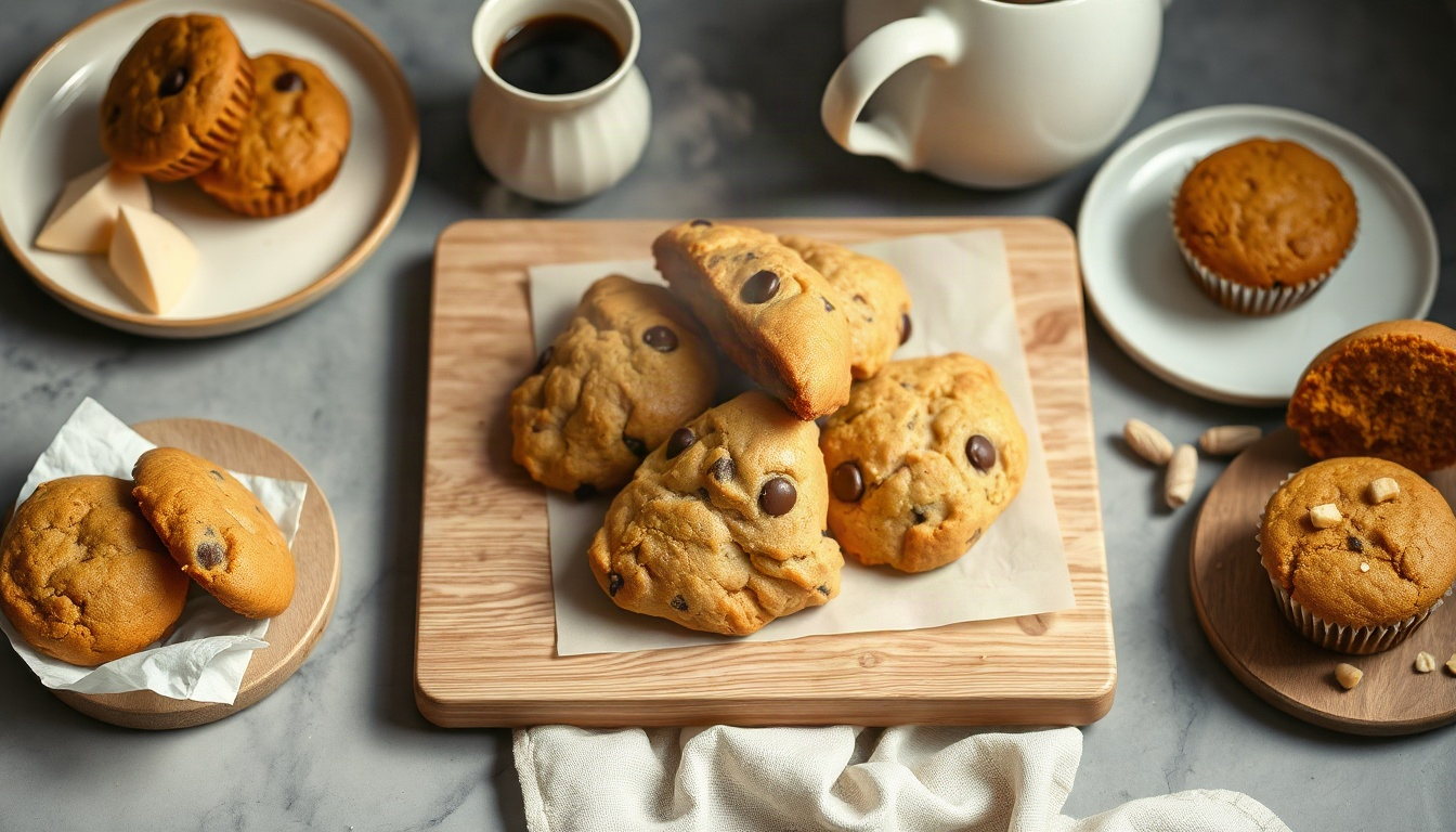 홈베이킹 - product shot of freshly baked scones, chocolate chip cookies and pumpkin muffins on a wooden board, home baking autumn dessert