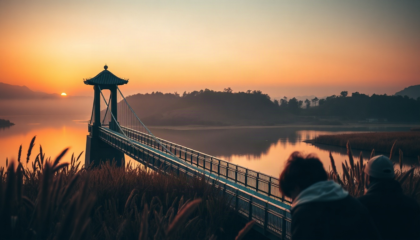 하루 만대 - autumn scenery of Korean lake suspension bridge at sunset, golden reeds and calm water, Nonsan road trip from highway rest area with ten thousand cars a day, no people