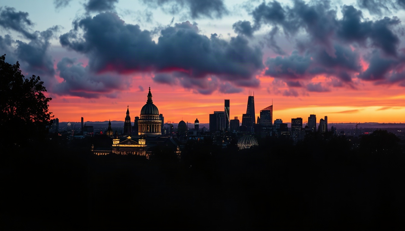 런던 여행 - autumn view from Primrose Hill over London skyline at sunset, London travel autumn leaves, no people