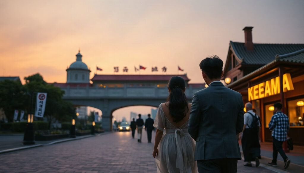 부킹닷컴 한국 - Korean newlywed couple upper body shot with face visible walking on cobblestone street in European old town at golden hour, Booking.com Korea honeymoon trend concept