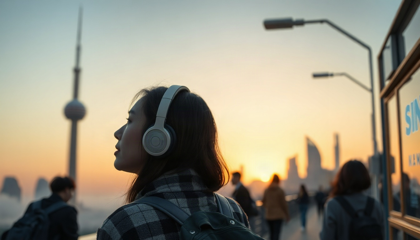 지소쿠리클럽 멜론 - Korean woman upper body shot with face visible, listening to music with headphones on riverside walkway in autumn morning mist, natural hands, jisokuryClub Melon autumn travel mood