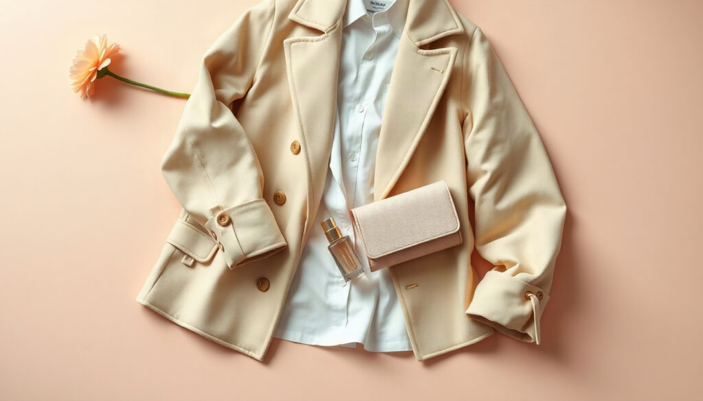 봄 코디 - flat lay of beige trench coat, cream knit cardigan, white shirt and light denim on wooden floor, spring outfit coordination concept