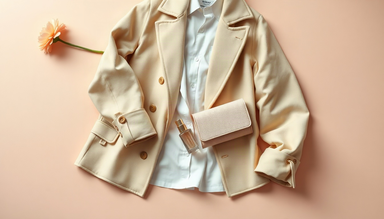봄 코디 - flat lay of beige trench coat, cream knit cardigan, white shirt and light denim on wooden floor, spring outfit coordination concept