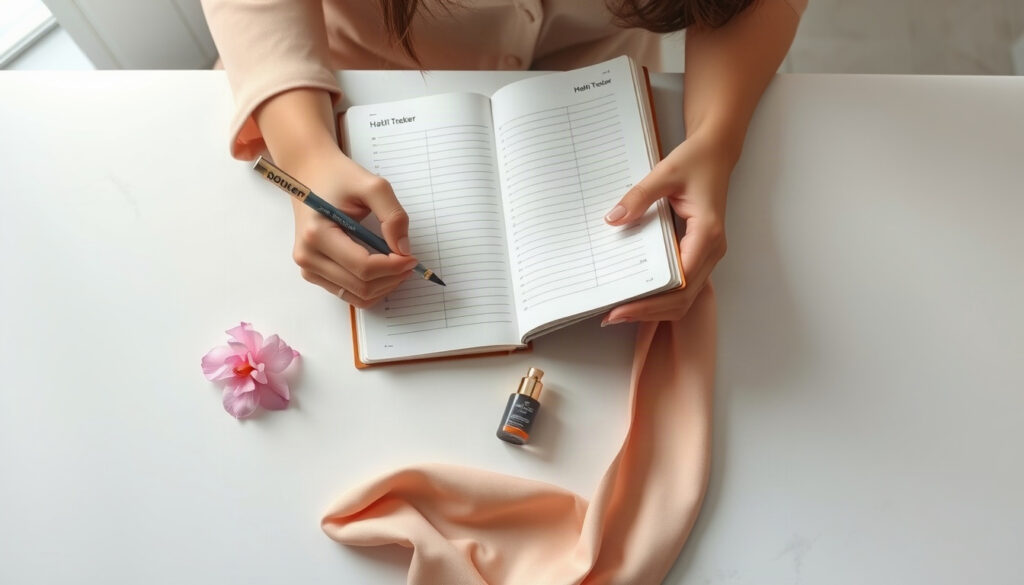 습관 만들기 - Korean woman upper body shot with face visible, writing in habit tracker journal at cozy wooden desk with warm lamp light, natural hands, habit building concept, autumn mood